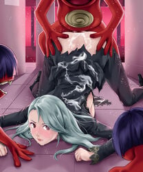 1girls angry black_clothes blush censored clenched_teeth clothed_sex cum_inside cum_on_ass cum_on_body cum_on_clothes deep_rising demon doggy_style earrings from_behind grey_hair long_hair monster mosaic_censoring no_panties obariyon_(megami_tensei) persona persona_5 pussy_juice rape red_eyes ripped_clothing sae_niijima sex thor_(deep_rising) torn_clothes vaginal_penetration watching