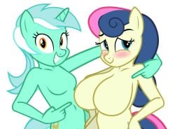 anthro barbie_doll_anatomy best_friends big_breasts blush bonbon_(mlp) breasts duo earth_pony featureless_breasts female female_only flashequestria huge_breasts irrational_exuberance long_arm lyra_heartstrings_(mlp) mare my_little_pony pointing show_accurate show_accurate_anthro simple_background size_difference smiling strechy_arms sweetie_drops unguligrade_anthro unicorn