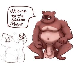 animal_crossing anthro ass belly big_butt big_penis crouching genitals humanoid lavir male muscular muscular_male nintendo penis slightly_chubby solo tom_nook_(animal_crossing)