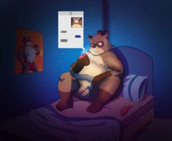 2019 anthro balls bed belly blush brown_fur canid canine clothing english_text flaccid fur hi_res humanoid_hands jking1200 male male_only mammal moobs navel night nipples overweight overweight_male penis phone raccoon_dog sitting tanuki text underwear