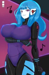 1girls blue_hair breasts clothed clothed_female curvy erect_nipples female female_only huge_breasts jellcaps kira_miki lipstick looking_at_viewer microphone musical_note nipple_bulge nipples purple_eyes raised_eyebrows robot smile thick_thighs va-11_hall-a white_skin