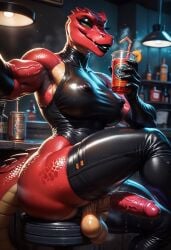 ai_generated armpit armpits balls bar breasts elbow_gloves futanari holding_drink latex lipstick muscular penis reptile reptile_humanoid scalie thighhighs