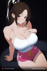 1girls ai_generated breast_grab brown_hair capcom casual curvy curvy_female curvy_figure dolphin_shorts fatal_fury female female_only hand_on_breast king_of_fighters light-skinned_female light_skin looking_at_viewer mai_shiranui pink_shorts ponytail shorts snk solo street_fighter street_fighter_6 tank_top thick_thighs white_tank_top