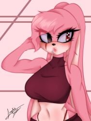 1female female_only fur furry furry_female furry_only muscles one_eye original_character pink_body pink_fur puckered_lips red_eyes scar sonic_(series) sophie_queen11 sports_bra sportswear thong_straps whale_tail