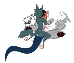 2025 anthro anthro_on_feral ass big_penis black_pawpads blue_body blue_fur blue_tail bodily_fluids claws digital_drawing_(artwork) digital_media_(artwork) dragon dripping duo erection feral fur furred_dragon furred_scalie gagaga_ram genital_fluids genitals grey_body grey_fur grin huge_cock hugging_penis hyper hyper_genitalia hyper_penis korean_description licking long_penis long_tail lying machine male male/male multicolored_body mythological_creature mythological_scalie mythology on_back oral orange_claws pawpads penile penis penis_lick pink_pawpads precum precum_drip protogen protogen_visor scalie sex simple_background sitting_on_another smile speech_bubble tail tapering_tail tongue tongue_out two_tone_body white_background white_body white_claws white_fur wingless_dragon zoophilia