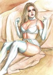 blonde_female blonde_hair blue_eyes breasts cleavage emma_frost female_only gustavo_izumi hellfire_club large_breasts lingerie marvel marvel_comics tramastudio white_queen x-men