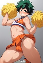 1boy 1femboy 2025 ai_generated alternate_version_available blush boku_no_hero_academia bulge cheerleader cheerleader_outfit cheerleader_uniform crossdressing dispatcher2 femboy girly green_eyes green_hair izuku_midoriya male male_only midoriya_izuku my_hero_academia panties skirt sweatdrop trap