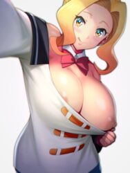 1girls bajima_shouhei blonde_hair bowtie breasts breasts_out clothed clothes_pull female female_focus female_only kono_subarashii_sekai_ni_shukufuku_wo! large_breasts looking_at_viewer luna_(konosuba) nipple_slip nipples no_bra one_breast_out presenting shirt_pull solo tongue tongue_out white_background yellow_eyes