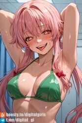 ai_generated armpits arms_behind_head arms_up bow_in_hair cute future_diary green_bikini green_bikini_top green_bra long_hair medium_breasts pink_eyes pink_hair red_cheeks red_hair smiley_face solo sweat sweatdrop sweating tongue_out yunogasai