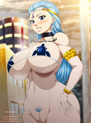 1girls aquarius_(fairy_tail) armlet bikini_top blue_eyes blue_hair bottomless bracelet earrings ero-enzo fairy_tail female_only innie_pussy jewelry large_breasts long_hair looking_at_viewer parted_lips pubic_hair pussy solo tagme voluptuous