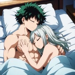 ai_generated bed breasts closed_eyes completely_nude couple cuddling green_hair hugging isogil izuku_midoriya long_hair muscular_male my_hero_academia naked pecs rei_todoroki short_hair sleeping under_covers white_hair