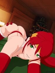 bottomless christmas christmas_outfit green_eyes holidays long_gloves necromalock pyrrha_nikos red_hair rwby selfie stockings