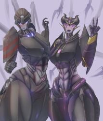 2girls abs airachnid big_ass big_breasts big_butt black_sclera civilcrackhead decepticon female female_only nervous peace_sign robot robot_girl robot_humanoid smiling smiling_at_viewer transformers transformers_one transformers_prime wide_hips