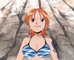 1girl 1girls bikini_top blue_bikini brown_eyes closed_mouth girl_only nami_(one_piece) one_piece open_eyes orange_hair screenshot tattoo viewed_from_below