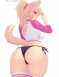 animal_ears ass black_panties blonde_hair blush breasts cat_ears catgirl female hair_ornament hand_up highres large_breasts long_hair long_sleeves looking_at_viewer looking_back original panties patreon_username ponytail red_eyes scrunchie shirt side-tie_panties simple_background smile solo tail thighhighs thighs tiffy tiffynyaa underwear white_background