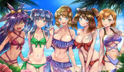 5girls abs aged_up alternate_breast_size alternate_hairstyle big_breasts bikini blue_eyes breast_size_difference breasts brown_eyes cleavage dark_skin dawn_(pokemon) female female_only flat_chest green_eyes hourglass_figure human human_only iris_(pokemon) kasumi_(pokemon) large_breasts may_(pokemon) may_(pokemon_oras) medium_breasts multiple_girls nintendo offscreen_character pokemon pokemon_bw pokemon_dppt pokemon_oras pokemon_rgby pokemon_xy serena_(pokemon) skin_tone_difference small_breasts swimsuit takecha thigh_gap underboob