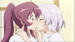 2girls anime_screencap brown_eyes canonical_scene closed_eyes female glasses grey_hair holding_chin holding_shoulder ikeda_chitose kissing open_eyes purple_hair sugiura_ayano yuri yuru_yuri yuruyuri