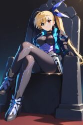 ahoge armor black_bodysuit black_footwear black_gloves black_jacket blonde_hair crossed_legs green_eyes hair_ribbon heterochromia large_breasts long_hair long_sleeves mahou_shoujo_lyrical_nanoha mahou_shoujo_lyrical_nanoha_strikers puffy_sleeves red_eyes side_ponytail sitting throne vivio