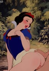 ai_generated bow_ribbon closed_eyes cute_face disney disney_princess doggy_style dress forest happy happy_sex lipstick sex smile snow_white_(disney)