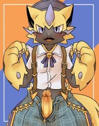 2023 4_fingers absurd_res anthro biped black_body black_fur blue_background blue_bottomwear blue_bow_tie blue_clothing blue_eyes blue_pawpads blue_shorts blue_whiskers blush blush_lines bottomwear bow_tie cheek_tuft claws clothed clothed_anthro clothed_male clothing collared_shirt digital_drawing_(artwork) digital_media_(artwork) erection facial_tuft fashionable_style_zeraora felid feline finger_claws fingers fur generation_7_pokemon genitals glans glistening glistening_eyes hat headgear headwear hi_res holowear_(pokemon) humanoid_genitalia humanoid_penis legendary_pokemon looking_at_viewer male male_anthro mammal multicolored_body multicolored_fur multicolored_penis nintendo open_bottomwear open_clothing open_mouth open_shorts orange_background orange_glans orange_penis pattern_background pattern_bottomwear pattern_clothing pattern_shorts pawpads penis pokemon pokemon_(species) pokemon_unite pu_sukebe shirt shorts simple_background small_nose solo string_bow suspenders tail teeth tongue tongue_showing topwear tuft two_tone_penis unzipped unzipped_shorts whiskers white_clothing white_nose white_shirt white_topwear yellow_body yellow_fur yellow_penis yellow_tail zeraora zipper