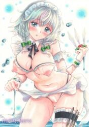 1girls areolae belly_button bikini bikini_bottom bikini_top blue_eyes blush bow braid braided_hair breasts breasts_out censor_bar censored censored_pussy dagger female_focus gray_hair grey_hair hairbow izayoi_sakuya knife light-skinned_female light_skin maid maid_bikini maid_headdress mimikoro navel nipples ocean pussy sakuya_izayoi simple_background solo solo_focus swimwear thighs touhou twin_braids water watermark wet wrist_cuffs