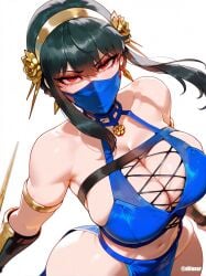 1girls ai_generated black_hair breasts cosplay difuxer female female_only kitana kitana_(cosplay) large_breasts light-skinned_female light_skin looking_at_viewer mortal_kombat red_eyes solo spy_x_family thick_thighs thighs wide_hips yor_briar yor_forger