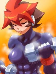 1girls abs atlas_(megaman) big_breasts bodysuit exercise female mega_man mega_man_zx_advent noburockman solo sweat tagme