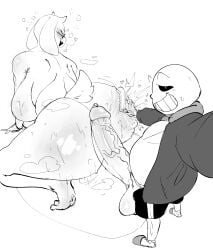 animated_skeleton anthro ass balls big_breasts big_butt big_penis bodily_fluids bone bottomwear bovid breasts butt_slap caprine chichichoart clothing drunk duo eyewear female genital_fluids genitals glasses grin hi_res hoodie huge_breasts huge_butt huge_cock interspecies male mammal mature_anthro mature_female open_mouth penis precum sans_(undertale) shorts skeleton slap smile substance_intoxication thick_thighs topwear toriel undead undertale_(series)