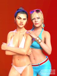 2girls 3d bikini blonde_hair blue_shorts daz_studio grand_theft_auto grand_theft_auto_v lucia_(gta) shorts stjude90 sunglasses sunglasses_on_head swimsuit tracey_de_santa white_bikini