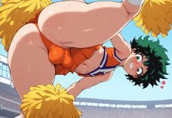 1boy 1femboy 2025 ai_generated alternate_version_available blush boku_no_hero_academia bulge cheerleader cheerleader_outfit cheerleader_uniform crossdressing dispatcher2 femboy girly green_eyes green_hair izuku_midoriya leg_up midoriya_izuku my_hero_academia panties pom_poms skirt sweatdrop thick_thighs thighs trap