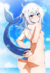 ahoge ass back bangs blue_eyes blue_sky blush breasts cloud cowboy_shot day eyebrows_visible_through_hair female from_behind grin hair_ornament innertube lens_flare light_rays long_hair looking_at_viewer looking_back nipples nude ocean one_side_up outdoors scrunchie shoulder_blades silver_hair sky small_breasts smile solo sparkle standing sunlight tan tanline teeth two_side_up water white_hair
