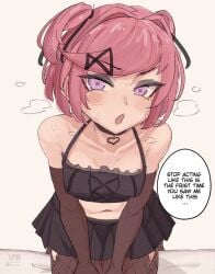 artist_name bare_shoulders breasts clothed clothing collar doki_doki_literature_club english_text goth gothified heart_collar natsuki_(doki_doki_literature_club) nude_version_available pink_hair purple_eyes skirt speech_bubble steamy_breath sweat sweating text text_bubble vaniste