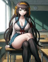 ai_generated armband bow breasts brown_eyes brown_hair classroom cleavage covered_nipples crossed_legs danganronpa_(style) desk goonedoutp3rv hairband hairbow large_breasts long_hair looking_at_viewer school_desk school_uniform serafuku sitting skirt smile suzumiya_haruhi suzumiya_haruhi_no_yuuutsu thighhighs thighs