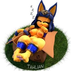 animal_crossing ankha areola blue_fur blue_hair box closed_eyes grass hair mostly_nude multicolored_fur nipples orange_areola paws pink_paws sleeping tahlian tail transparent_background yellow_body yellow_fur