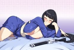 1girls areola areola_slip areolae areolae_slip big_breasts blush breasts camerata female_focus female_only gun jinguu_kaguya kaguya_jinguu kimono large_breasts laying_down laying_on_bed looking_at_viewer nipples seductive_look seductive_smile side_nipple under_night_in-birth visible_nipples