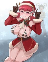 1boy 1girls artsheops breasts brock_(pokemon) christmas pink_hair pokemon pokemon_masters pokemon_masters_ex whitney_(holiday_2022)_(pokemon_masters) whitney_(pokemon)