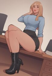 1futa ai_generated black_miniskirt black_skirt blonde_futa blonde_hair blonde_hair_futa blue_shirt civitai futanari large_breasts light-skinned_futanari light_skin long_sleeves looking_at_viewer mare_ten_(style) milf_enjoyer miniskirt office_lady solo solo_futa