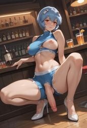 ayanami, back, bed, blue blush, body bra, breasts, crop erection, eyes, futanari, hair, heels, high laid large navel, nipples, palace, penis, penis,balls, red rei shorts, sleeveless, solo, toned top, torn