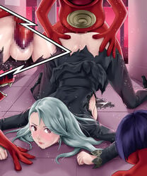 1girls angry black_clothes blush censored clenched_teeth clothed_sex deep_rising demon doggy_style earrings from_behind grey_hair long_hair monster mosaic_censoring no_panties obariyon_(megami_tensei) persona persona_5 pussy_juice rape red_eyes ripped_clothing sae_niijima sex thor_(deep_rising) torn_clothes vaginal_penetration watching