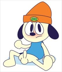 anthro balls blush bodily_fluids canid canine canis cum cum_string domestic_dog genital_fluids humanoid_penis looking_at_viewer male male_only mammal parappa parappa_the_rapper penis sitting solo sony_corporation sony_interactive_entertainment sunofureiku uncut video_games