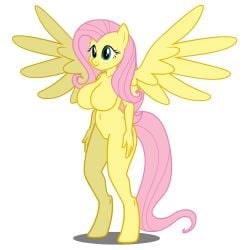 anthro barbie_doll_anatomy belly_button big_breasts breasts featureless_breasts female flashequestria fluttershy_(mlp) my_little_pony show_accurate show_accurate_anthro simple_background solo spread_wings unguligrade_anthro