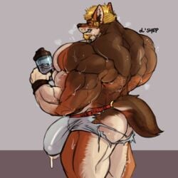 1:1 anthro big_bulge bodily_fluids bulge canid canine canis clothing cum cum_through_clothing genital_fluids huge_muscles male male_only mammal muscular muscular_male oldshep smile solo standing sweat torn_clothing underwear wet wet_clothing wolf