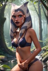 1girls ahsoka_tano ai_generated alien artist_name blue_bra blue_eyes blue_panties blurry bra breasts clone_wars colored_skin face_markings forest hi_res humanoid jedi lips looking_at_viewer lucasfilm markings medium_breasts montrals nature navel orange_skin outdoors panties patreon_username r34arts solo star_wars star_wars_rebels tentacle_hair togruta tree underwear underwear_only water