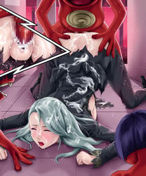 1girls black_clothes blush censored closed_eyes clothed_sex cum_inside cum_on_ass cum_on_body cum_on_clothes cum_on_face cum_on_hair deep_rising demon doggy_style earrings from_behind grey_hair long_hair monster mosaic_censoring no_panties obariyon_(megami_tensei) open_mouth persona persona_5 pussy_juice rape ripped_clothing sae_niijima sex thor_(deep_rising) torn_clothes vaginal_penetration watching