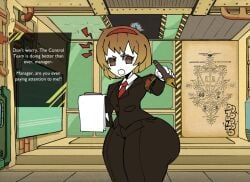 1girls ass big_ass clothing dialogue dotodonoto female female_only lobotomy_corporation malkuth_(lobotomy_corporation) solo suit talking_to_viewer text thick_thighs wide_hips