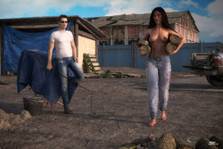 3d ankle_cuffs b_(jerry001) barefoot bondage breasts clothed cuffs duo female femsub jerry001 male maledom master_j_(jerry001) topless whip