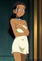 ai_generated avatar_the_last_airbender breasts dark_skin exposed_nipples female female_only holding_towel katara nipple_slip sentientclip sentientpaperclip small_breasts wet_body