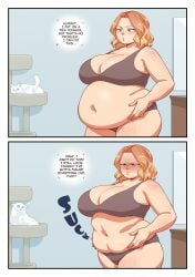 bernard_(better_with_salt) better_with_salt big_belly big_thighs blonde_female blonde_hair blue_eyes bra chubby chubby_female comic comic_page fat_female fat_fetish feline freckles hand_on_belly lingerie overweight overweight_female weight_gain