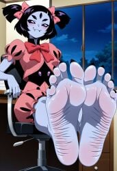 ai_generated background barefoot black_toenails chair clothed feet foot_fetish fuealahomg muffet purple_skin room showing_feet sitting smiling soles spider spider_girl toenails undertale wrinkled_soles