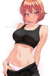 1female 1girls 5_fingers bare_shoulders blue_eyes breasts collarbone doki_doki_literature_club female kun_kaiss navel panties sayori_(doki_doki_literature_club) strawberry_blonde_hair